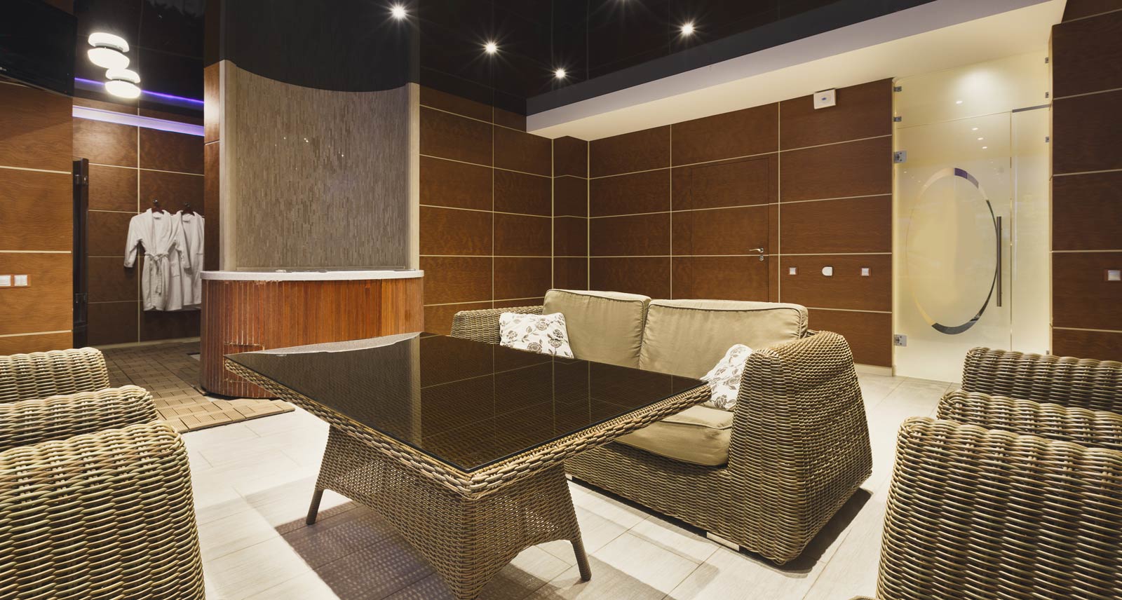 plywood cladding in a club lobby